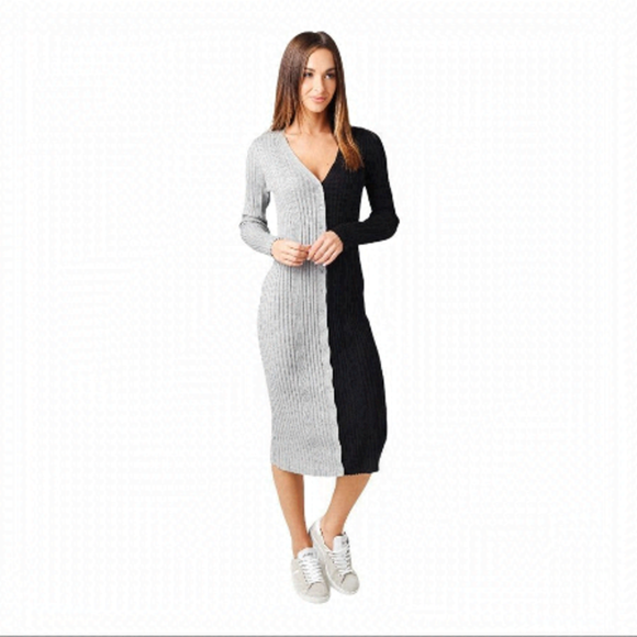 NWT 525 AMERICA WOMEN'S CONTRAST BUTTON UP RIBBED MAXI SWEATER DRESS BLACK/GREY - Picture 1 of 10